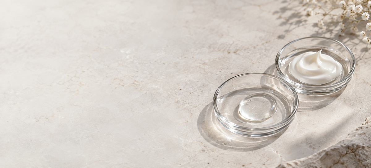 Clear serum and white moisturizer in two glass dishes.