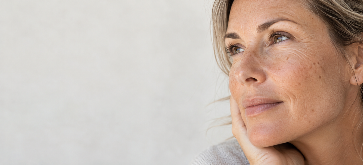 Mature skin with natural freckles and sun spots.