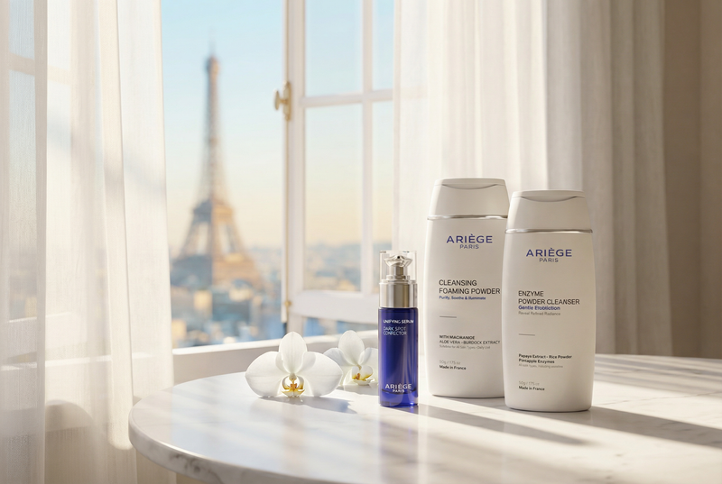 Ariège skincare products on a table with a view of the Eiffel Tower.