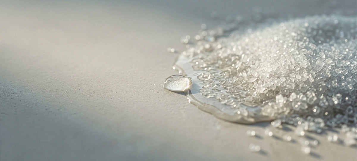 Clear, transparent glass or plastic beads spilled onto a neutral gray surface, with a single bead forming a small water droplet in the foreground.