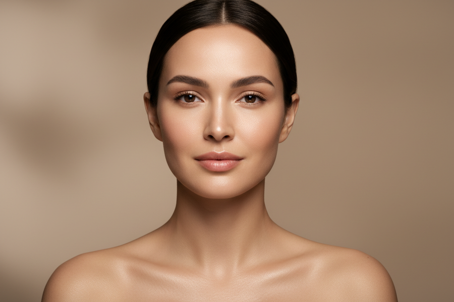 A high-end beauty editorial image of a confident woman with naturally glowing, clear skin, photographed in soft natural light. The skin looks fresh, smooth, and balanced, with a clean, healthy glow — not overly retouched. Minimal makeup, fresh complexion, calm expression. Neutral beige background with soft shadows for a premium skincare feel. The mood is calm, refined, and modern, representing clarity, cleanliness, and skin balance. No text, no product bottle, no branding. Editorial skincare campaign style.