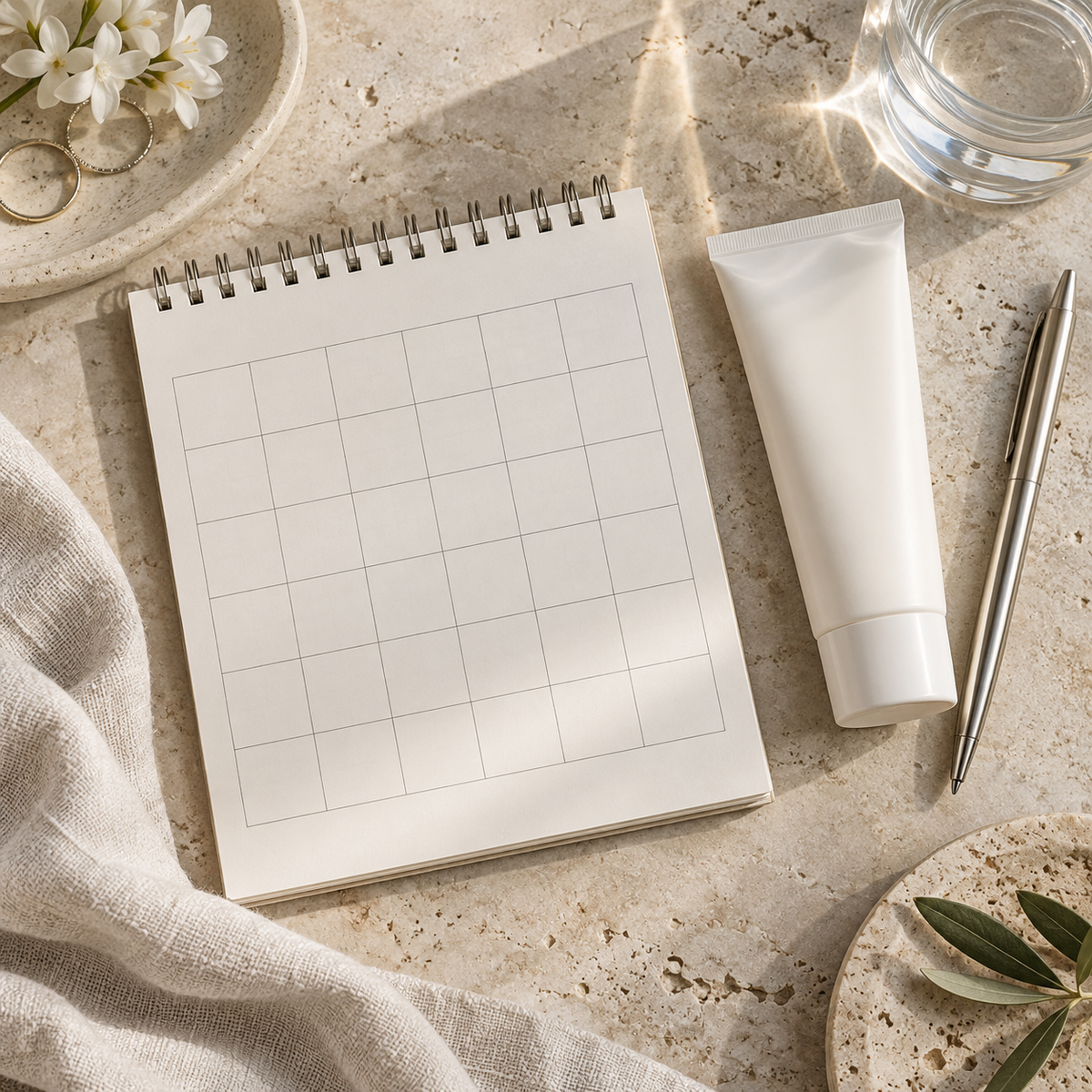 Blank calendar grid beside an unlabelled sunscreen tube and pen.