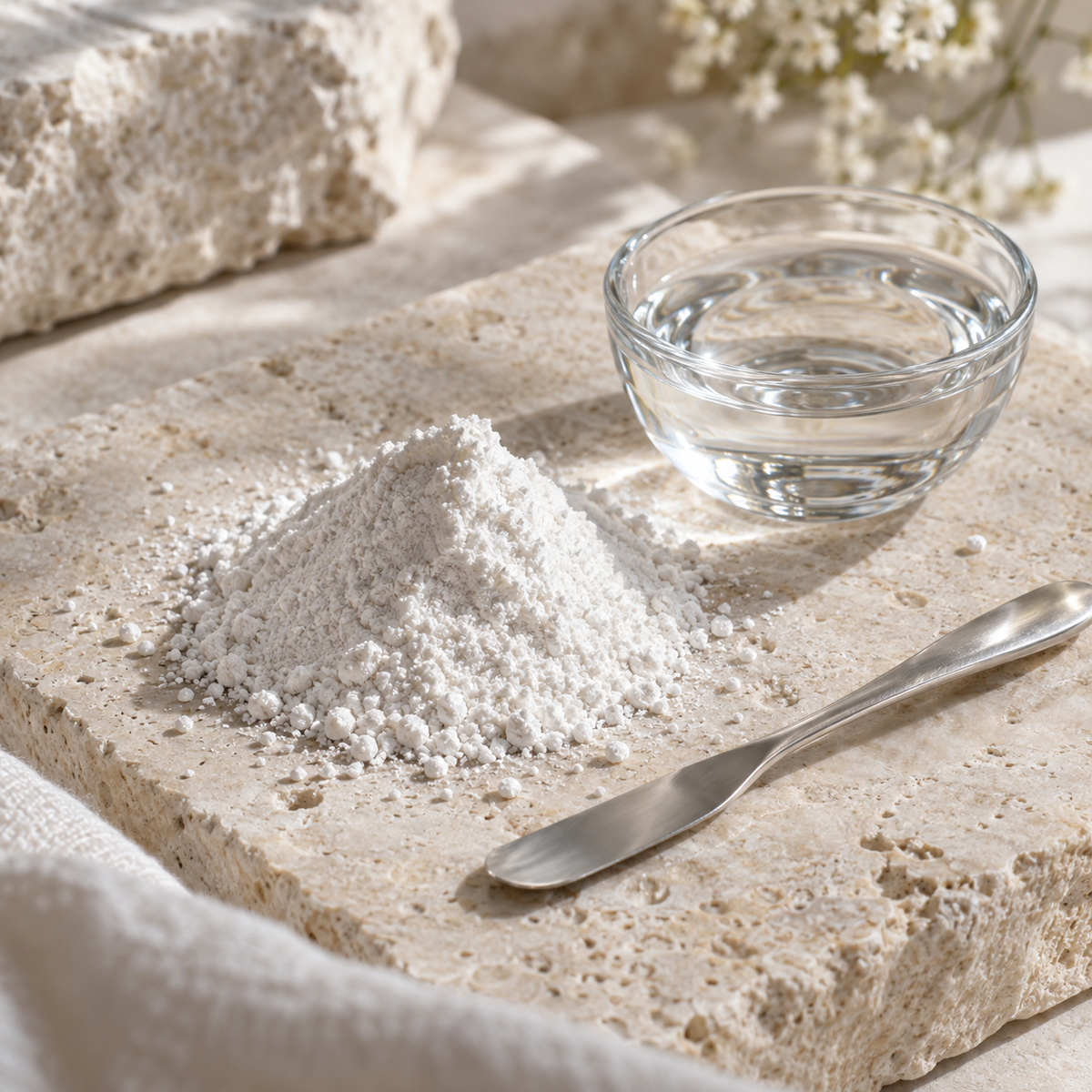 Fine white cleansing powder beside a bowl of water and cosmetic spatula.