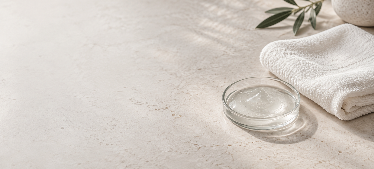 Folded cotton towel and a dish of skincare gel on pale stone.