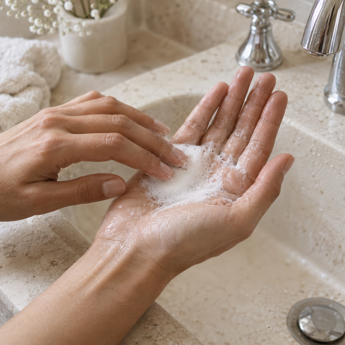 Hands gently lathering cleanser at a pale stone sink.