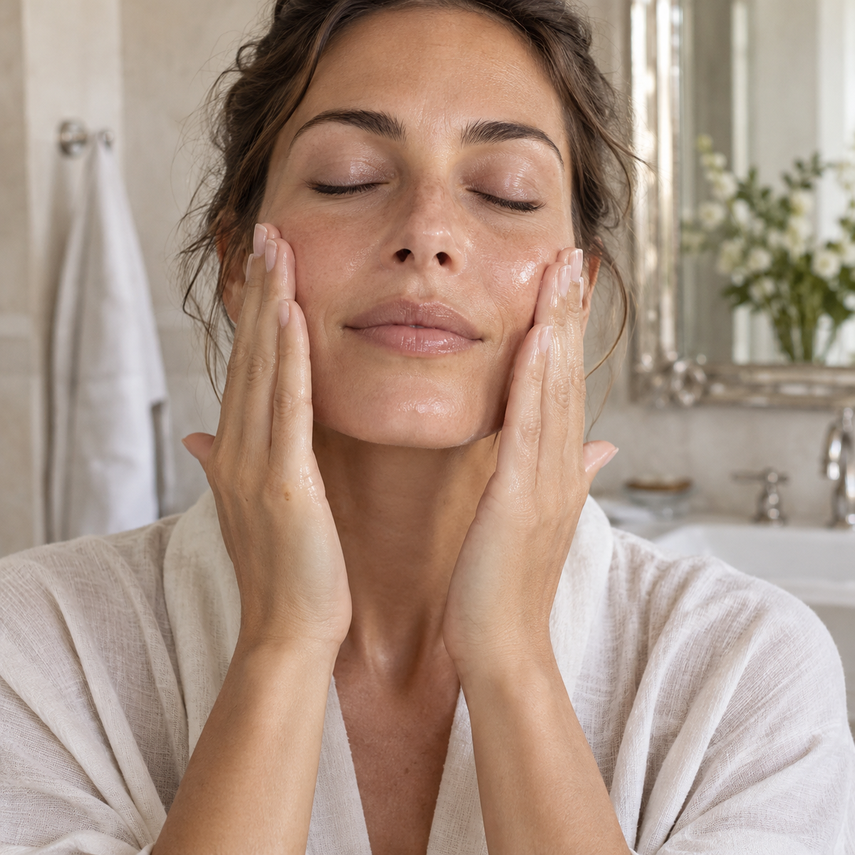 Woman gently pressing serum into her cheeks.