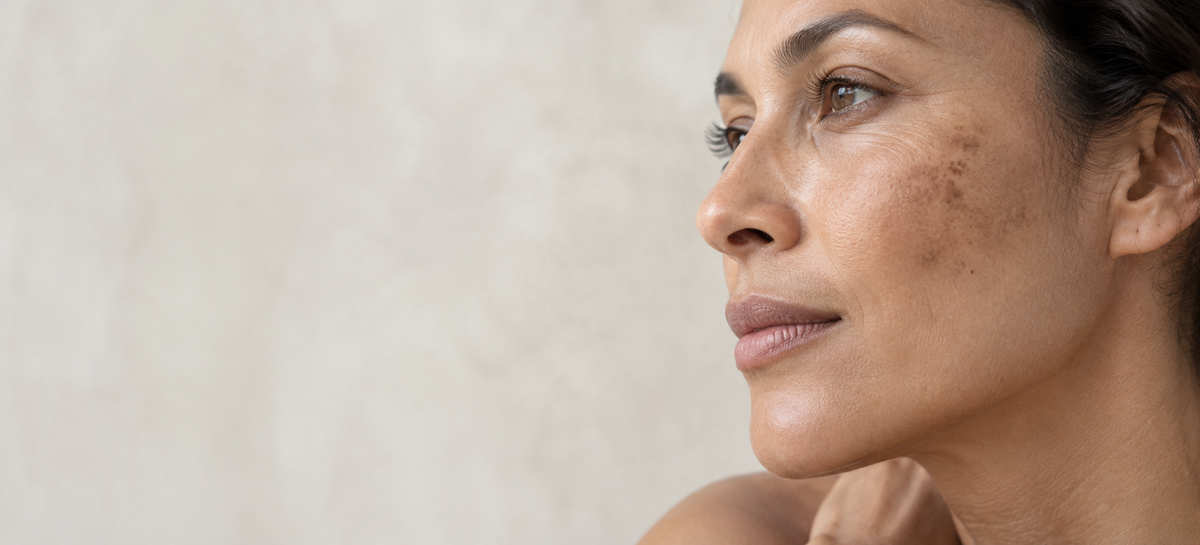 Natural pigmentation on a woman's cheek in soft daylight.
