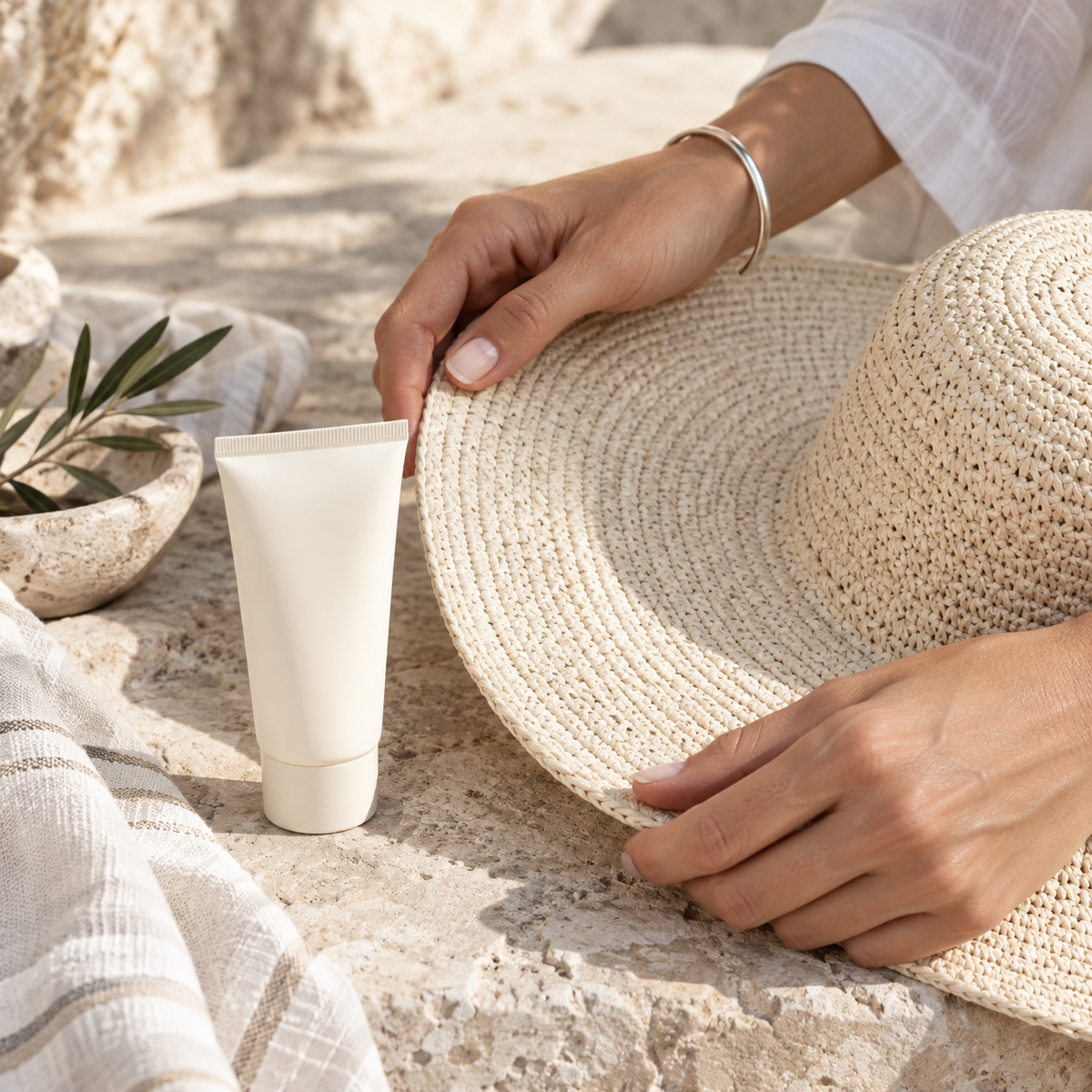 Hands holding a cream sun hat beside an unlabelled sunscreen tube.