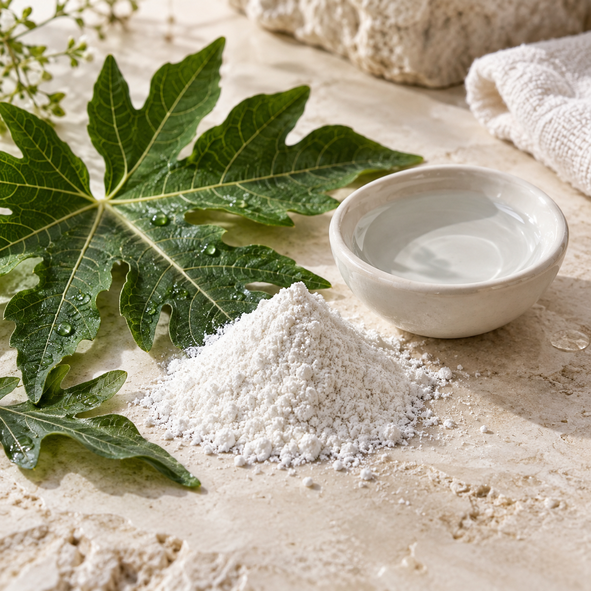 Papaya leaf with white cleansing powder and a porcelain bowl of water.