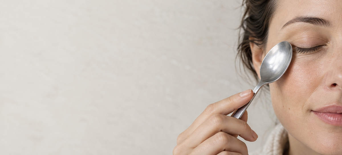 Woman holding a cool spoon beside her closed eye.
