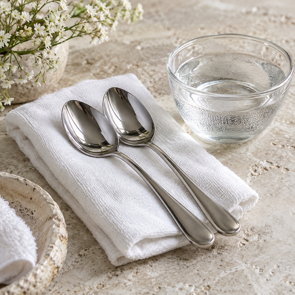 Two silver spoons on folded cotton beside a bowl of cool water.