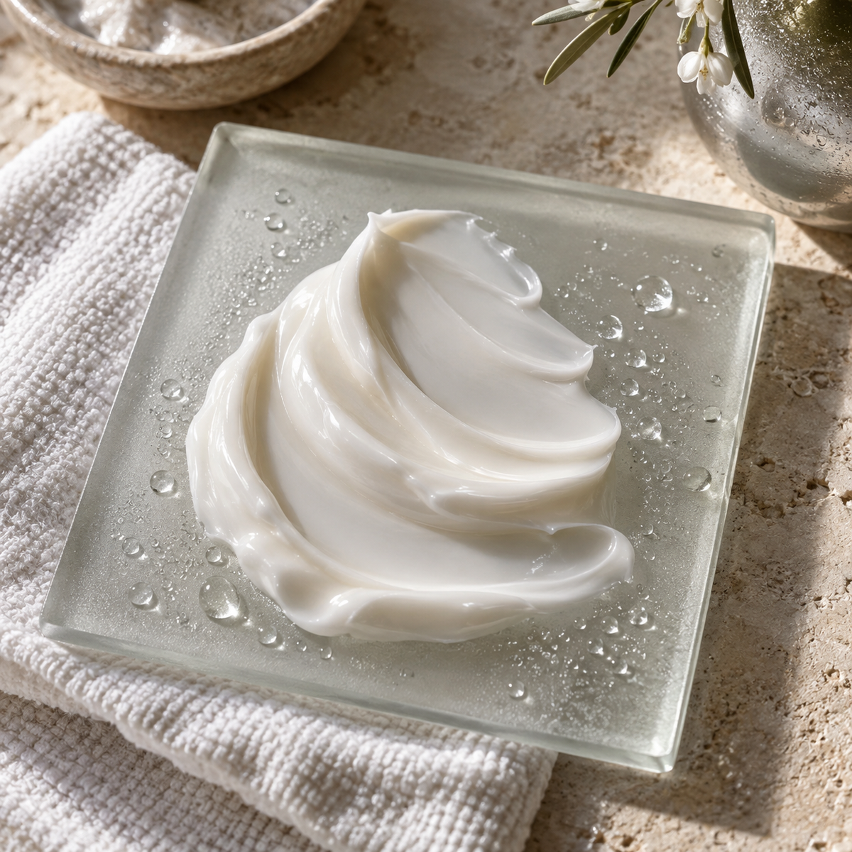 White moisturizer texture on frosted glass with water droplets and cotton.