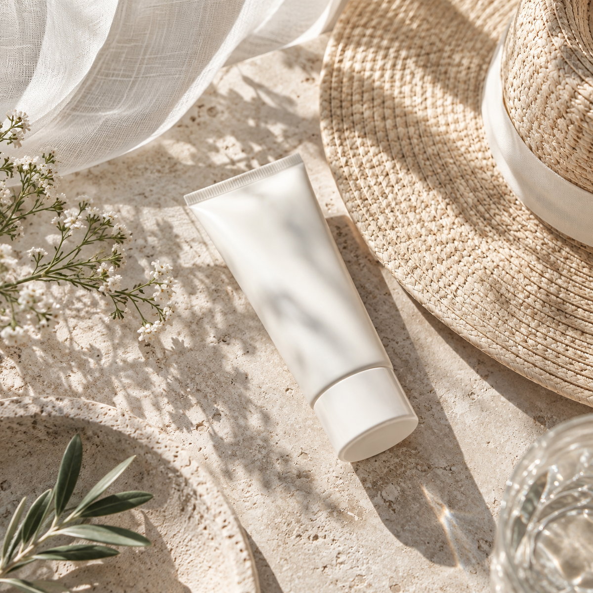 Sun hat and unlabelled sunscreen tube on a sunlit stone tabletop.