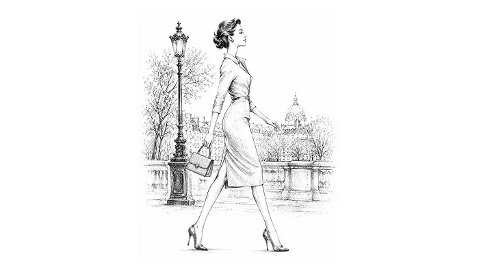 Black and white line art illustration of a woman in a 1950s-style dress walking outdoors, carrying a handbag, with a streetlamp and domed building in the background.
