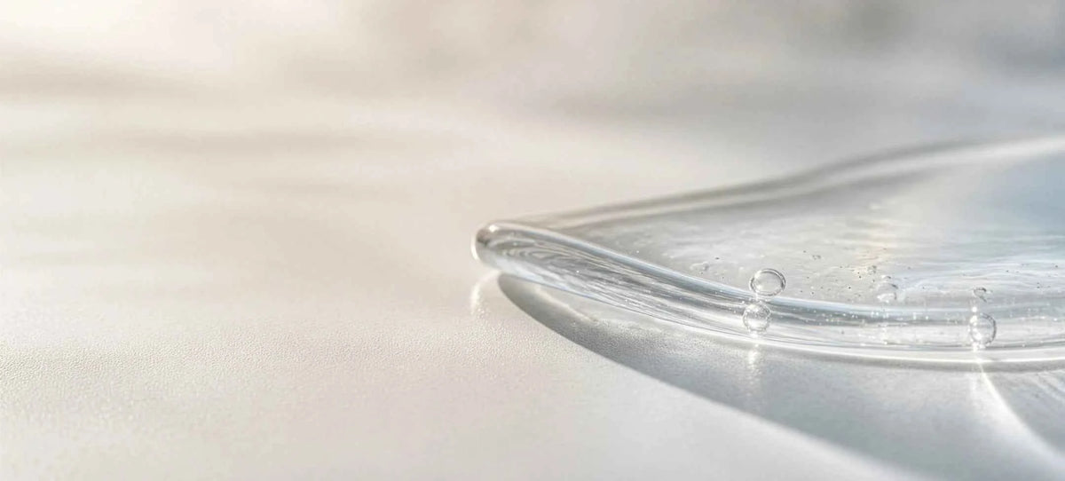 A close-up of a clear, flexible transparent film or cover with small water droplets resting on it, set against a soft, out-of-focus light gray background.