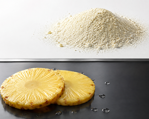 Two sliced pineapple rings on a dark reflective surface with water droplets, with a mound of pale beige powder shown above on a white background.