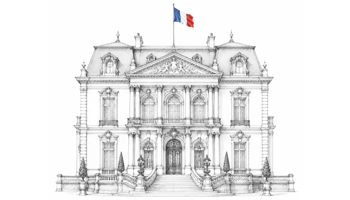 A black and white architectural line drawing of a grand French chateau, with a French flag flying atop the roof, shown on a plain white background.
