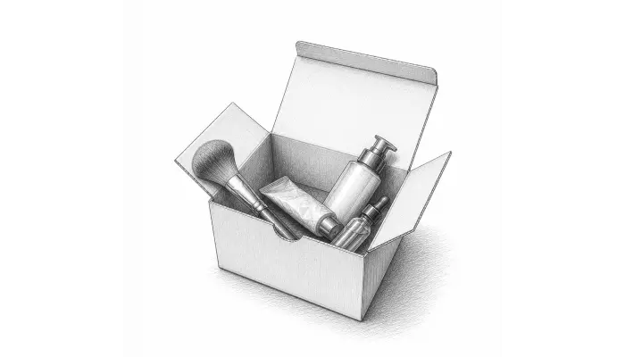 A monochrome pencil-style illustration of an open cardboard box containing assorted cosmetic or personal care items, including a brush, tube, and bottle, on a plain white background.