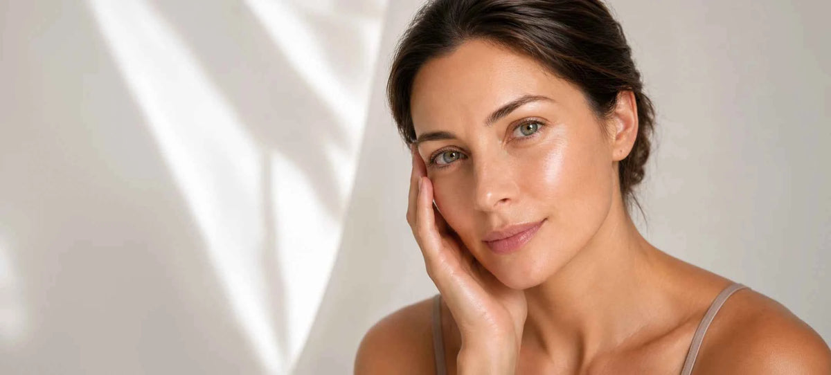 A close-up portrait of a woman with smooth, radiant skin touching her cheek, wearing a light beige spaghetti strap top against a soft neutral background with soft shadow overlays.
