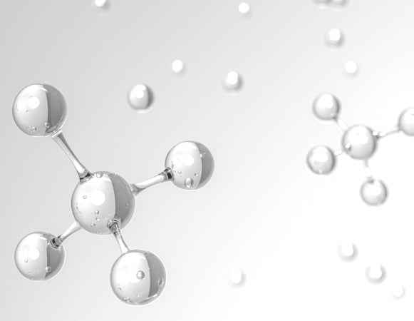 A 3D render of a metallic silver molecular structure with reflective spheres connected by thin rods, set against a light gray background with floating droplets.