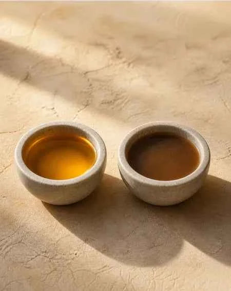 Two small round stone cups filled with amber and dark brown liquids, placed on a textured beige surface with soft shadows.