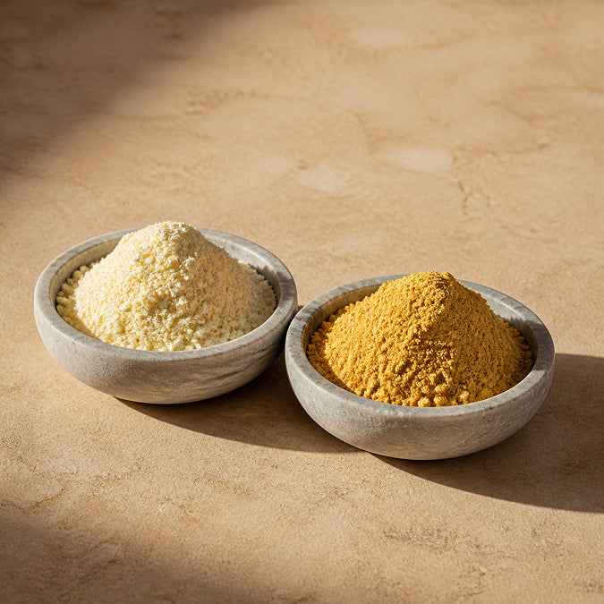 Two small round stone bowls filled with fine powder, one pale beige and one golden yellow, set on a warm tan surface in soft sunlight.